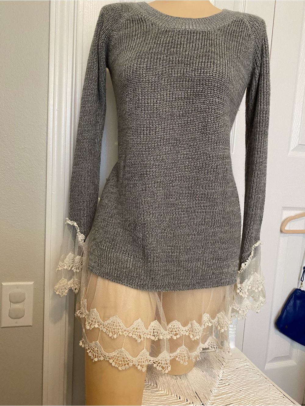 Gray Long Sleeve Knit Dress with Lace Hem